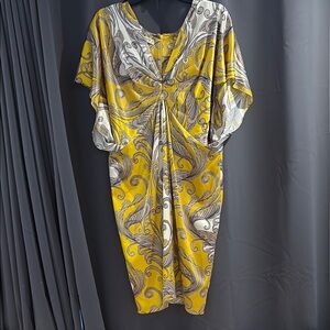 Evan Picone Yellow and Gray Swirl Midi Dress